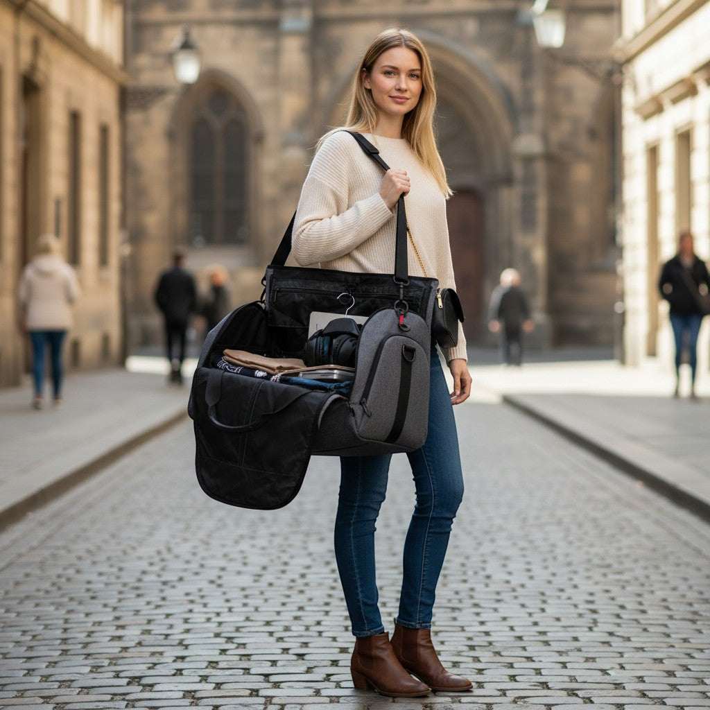 BirdieBox convertible garment duffel bag in black and grey, shown held by a woman on a cobblestone street.