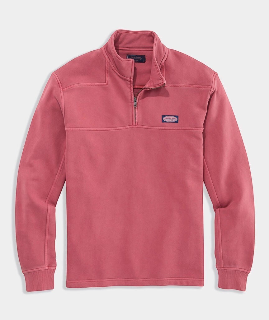 BirdieBox Men's coral pink 100% cotton terry quarter-zip pullover shirt with zigzag stitching and embroidered logo patch.