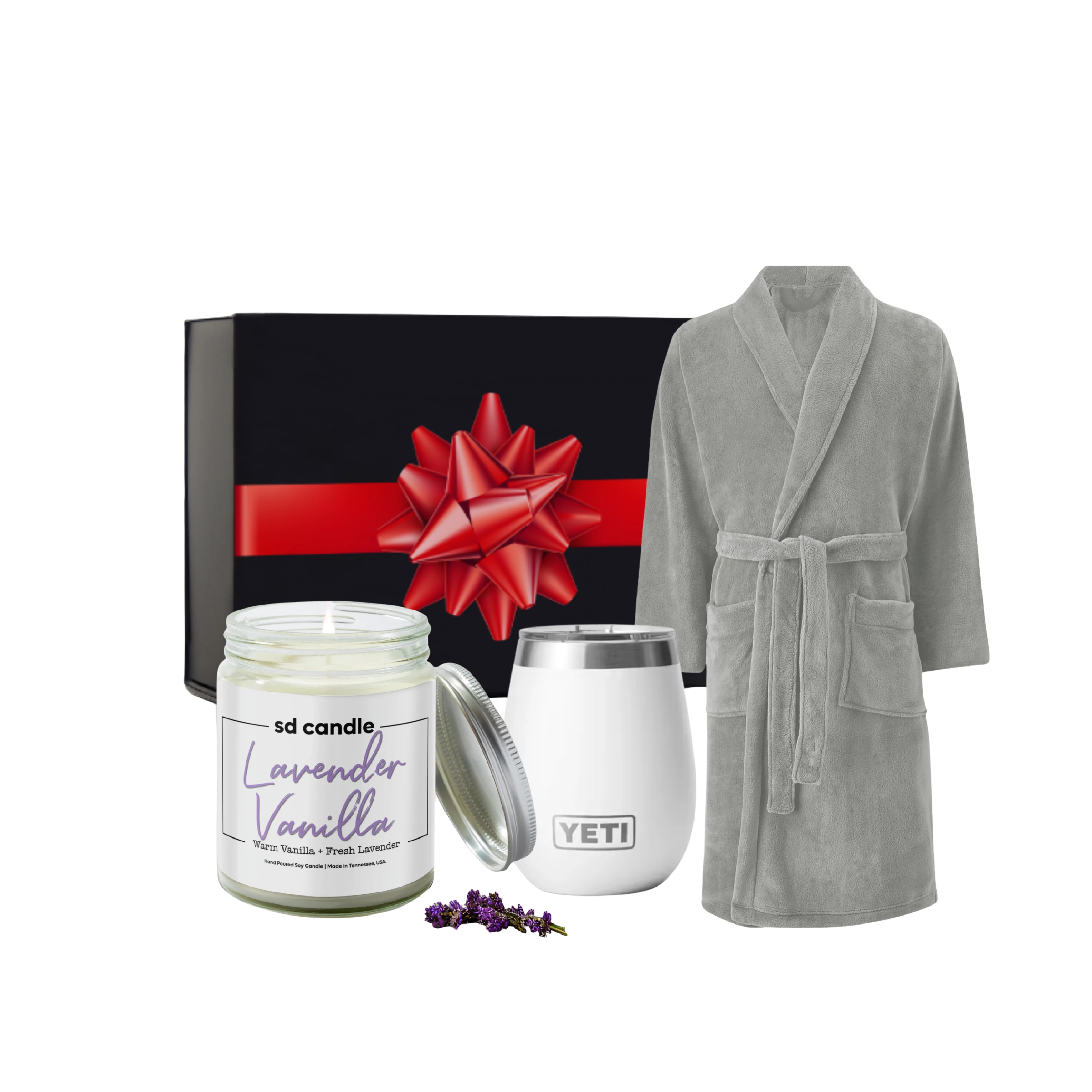 BirdieBox Cozy Night In Gift Set: grey microfleece robe, Yeti wine tumbler, and lavender vanilla candle.