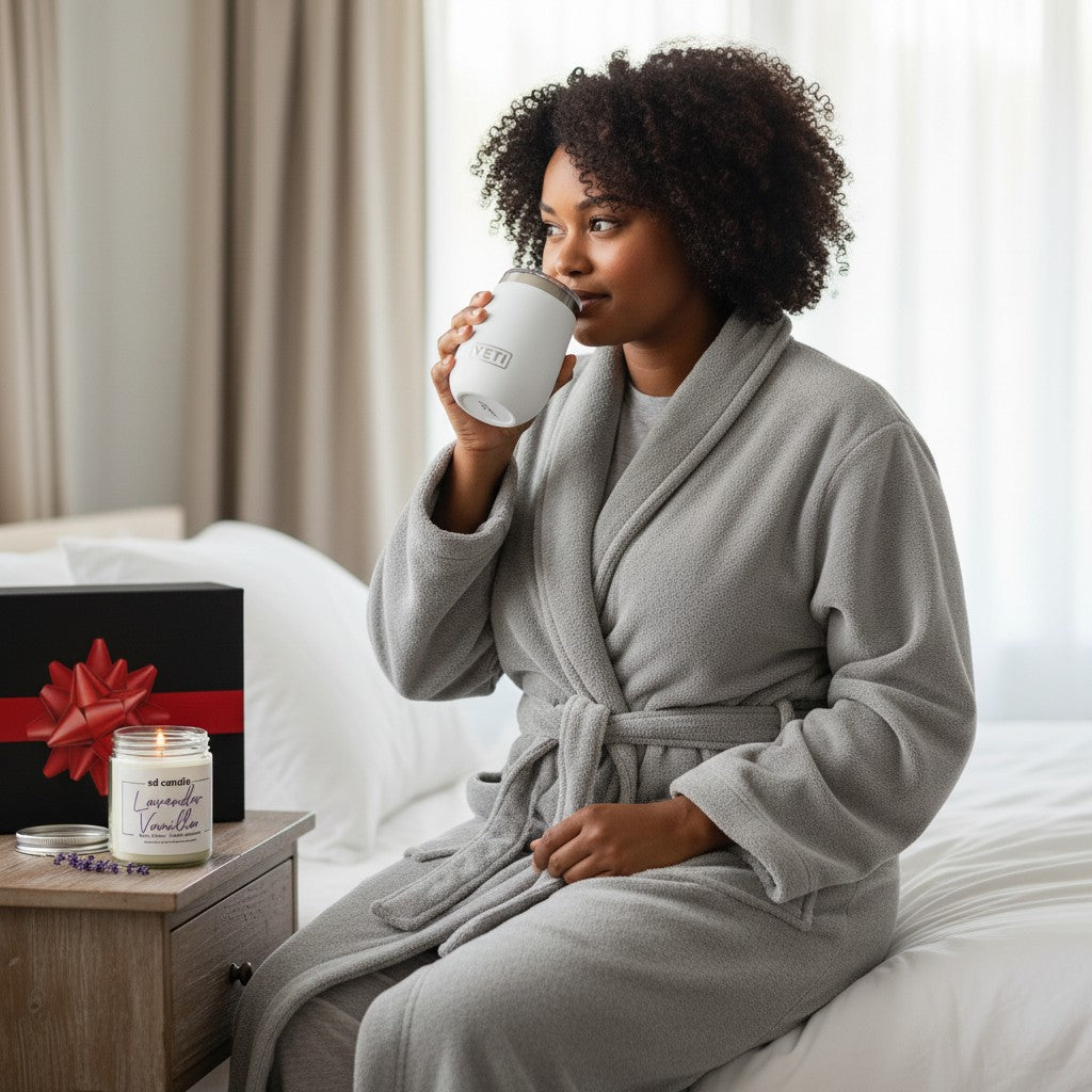 BirdieBox Cozy Night In Gift Set: grey microfleece robe, Yeti wine tumbler, and lavender vanilla candle.