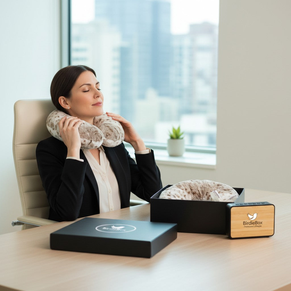 BirdieBox Stay Cozy, Stay Loud gift set featuring a plush leopard print neck pillow and a bamboo Bluetooth speaker.