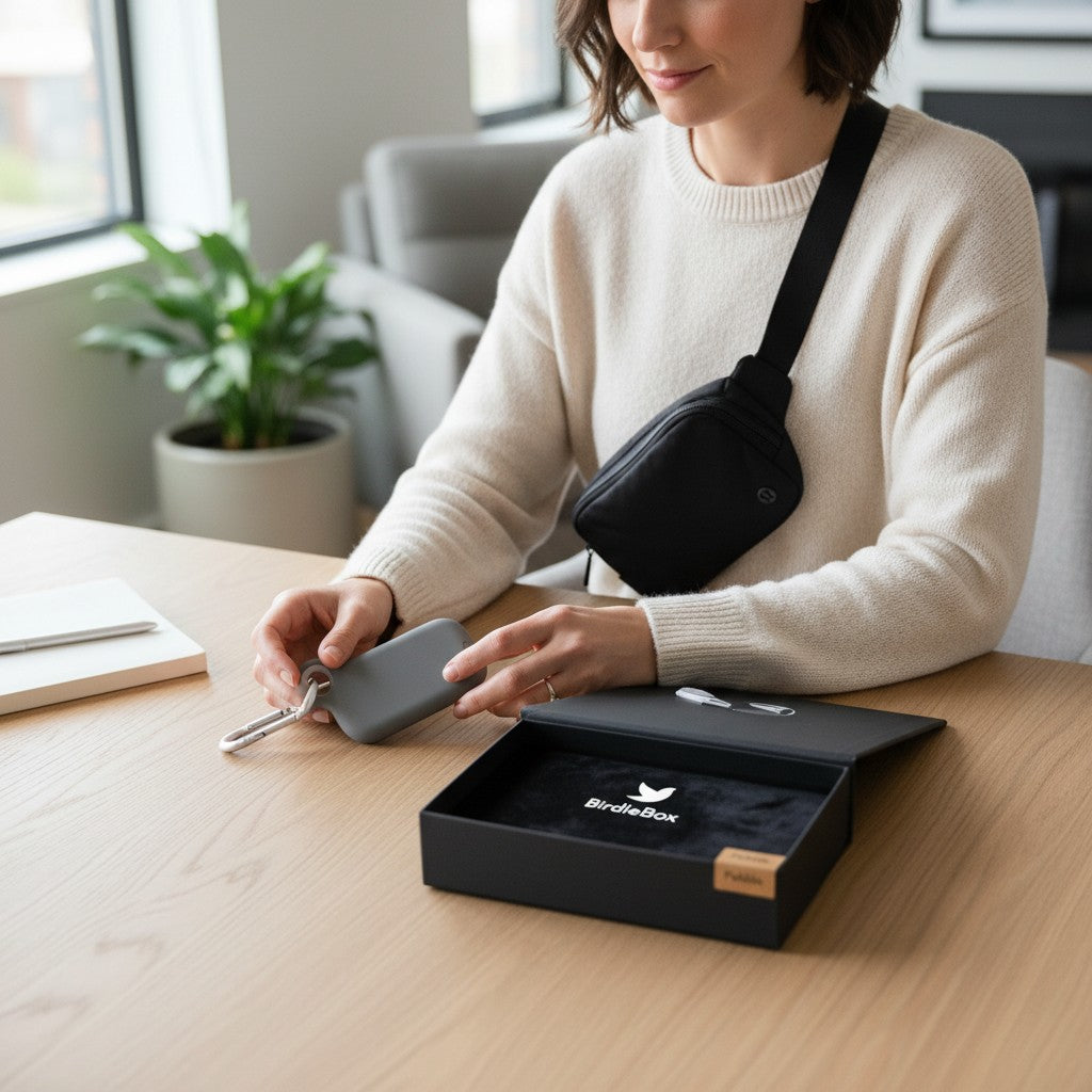 BirdieBox Out and About Gift Set: black belt bag, grey power bank, and black gift box with logo space.
