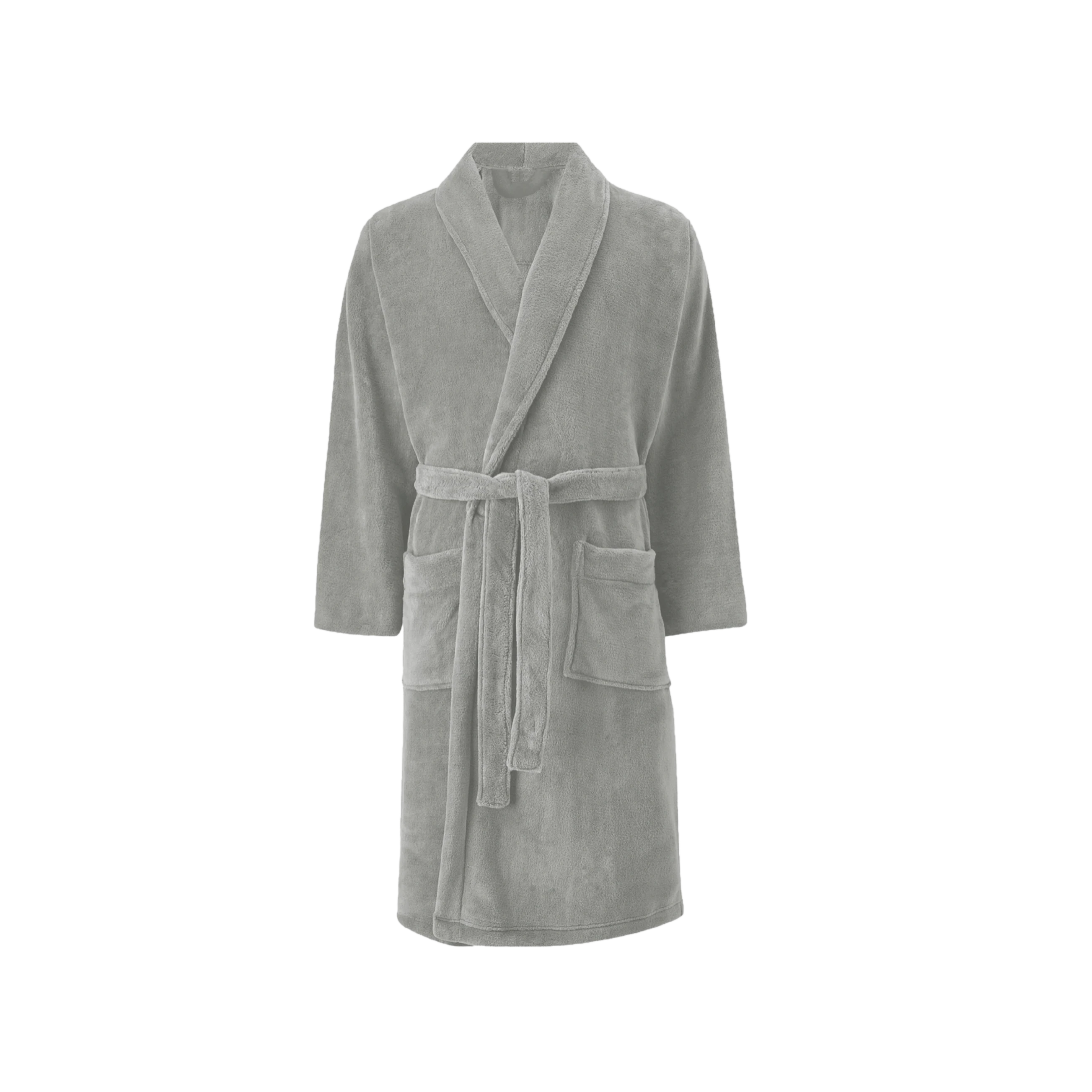 BirdieBox plush microfleece robe in gray, featuring a shawl collar, tie waist, and two front pockets. Perfect for lounging.