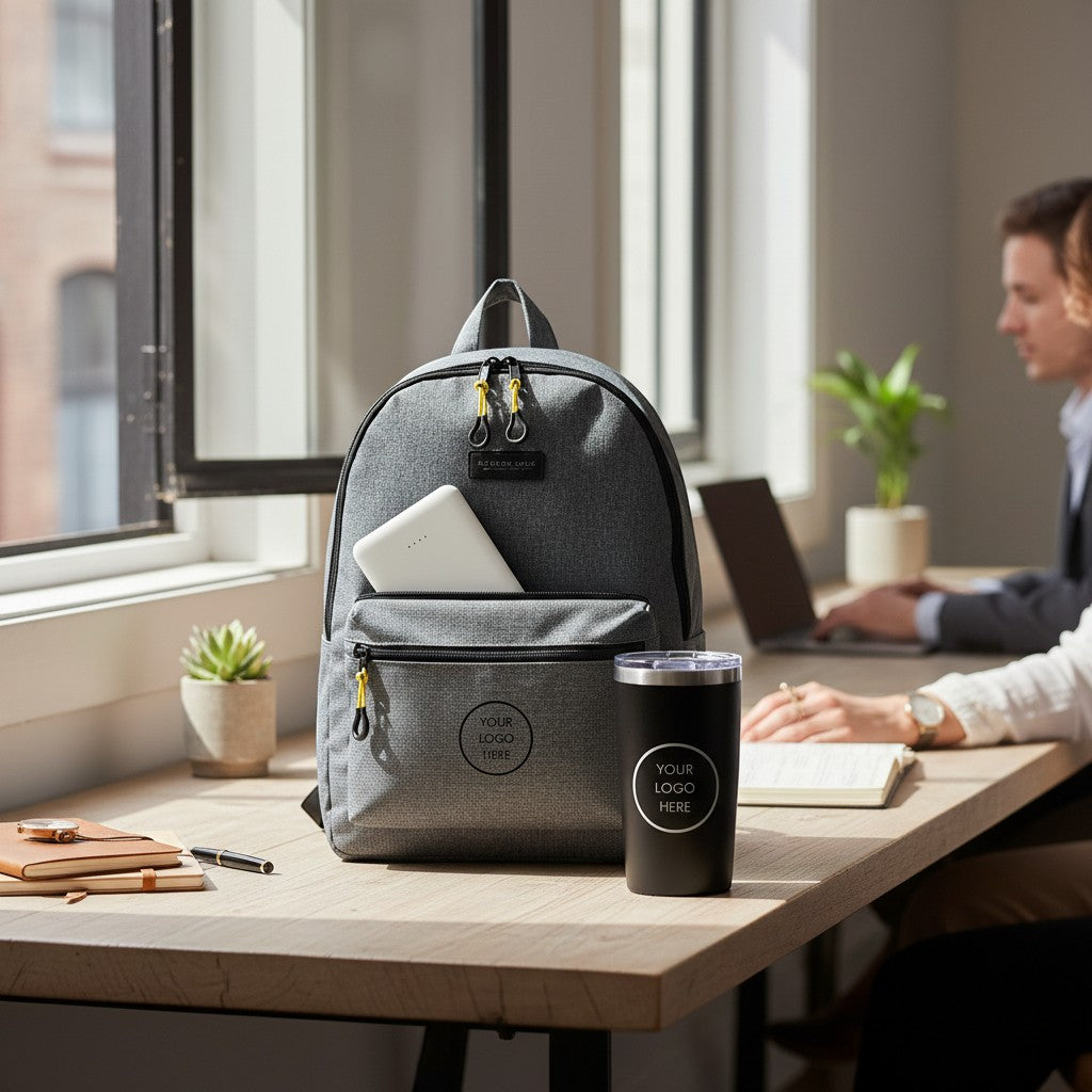 BirdieBox grey heathered backpack with a white power bank and black tumbler on a desk. Two people work on laptops in the background.