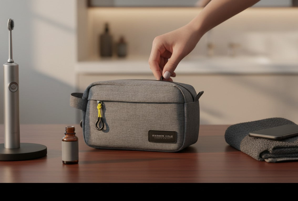 BirdieBox heathered grey textured fabric dopp kit with yellow zipper pull and side loop.