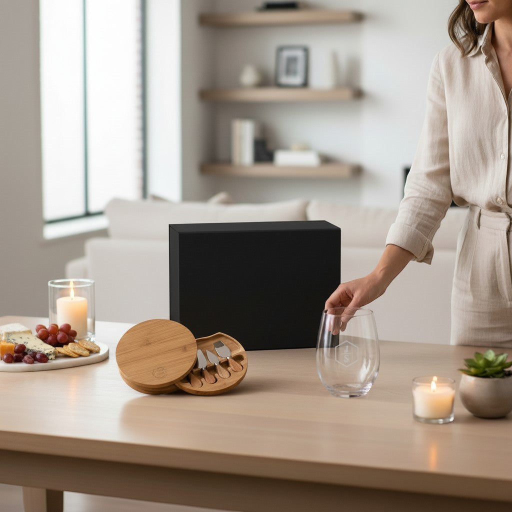 BirdieBox Host with the Most Gift Set: Black soft-touch box, wooden cheeseboard with knives, and two personalized stemless wine glasses.