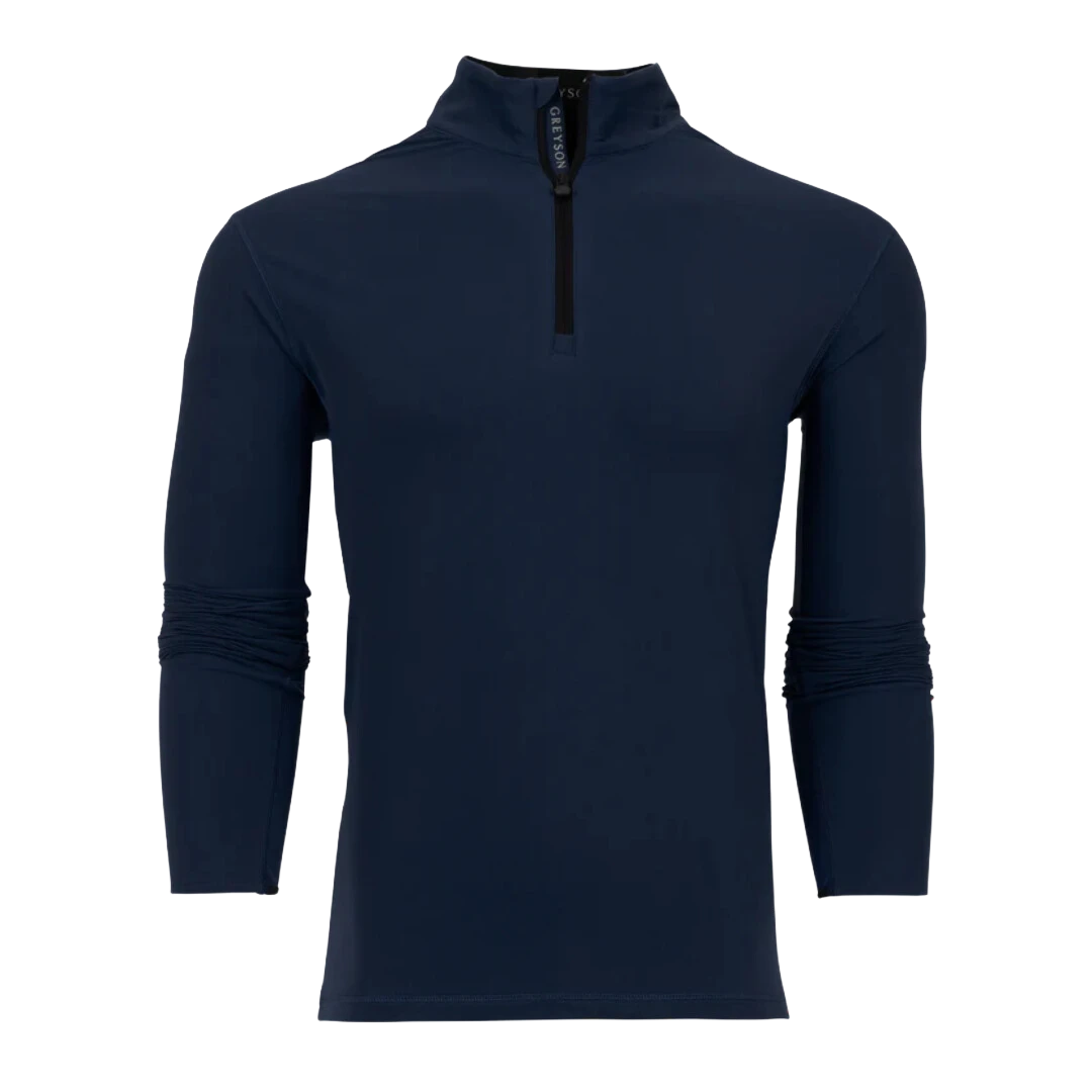 BirdieBox Greyson Tate Mockneck Quarter Zip in navy blue technical fabric with a black zipper and reflective wolf logo on the back.