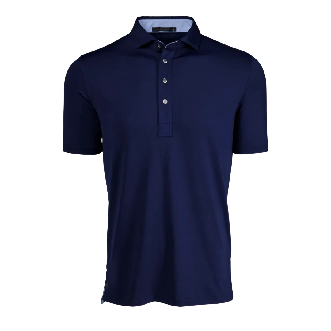 BirdieBox navy blue short sleeve Greyson Tala polo shirt with button placket and contrast interior collar. Moisture-wicking polyester-spandex blend.