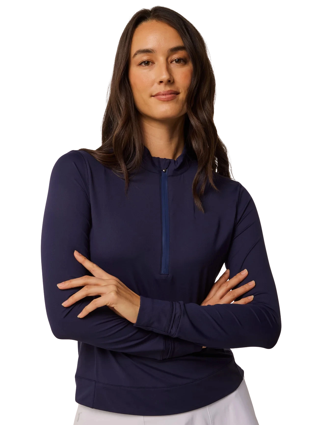 BirdieBox navy blue long sleeve quarter-zip athletic pullover with thumbholes and GREYSON logo.