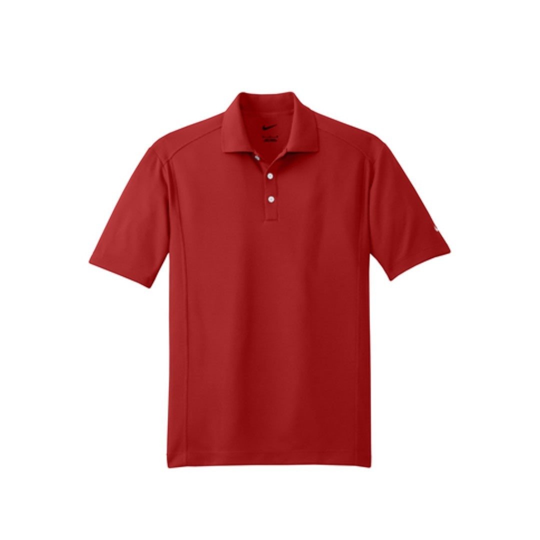 BirdieBox Nike Dri-FIT Classic Polo in red, made of 100% polyester with a flat knit collar and three-button placket.