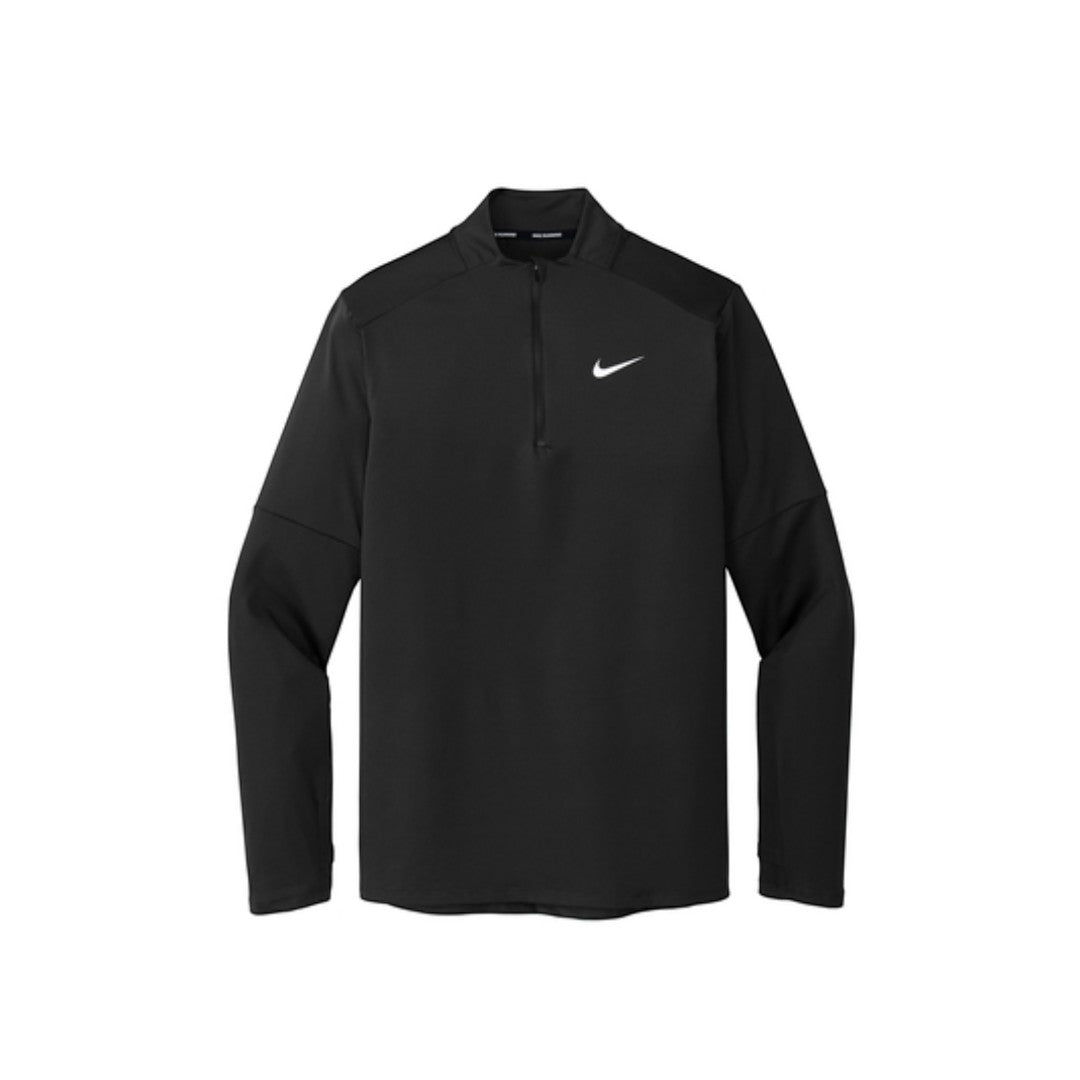 BirdieBox Nike Dri-FIT Element black polyester spandex pullover with 1/2-zip, stand-up collar, thumbholes, and Swoosh logo.