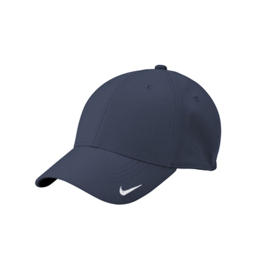 BirdieBox Nike Dri-FIT Legacy Cap in navy blue polyester-spandex with a white embroidered Swoosh logo on the bill.