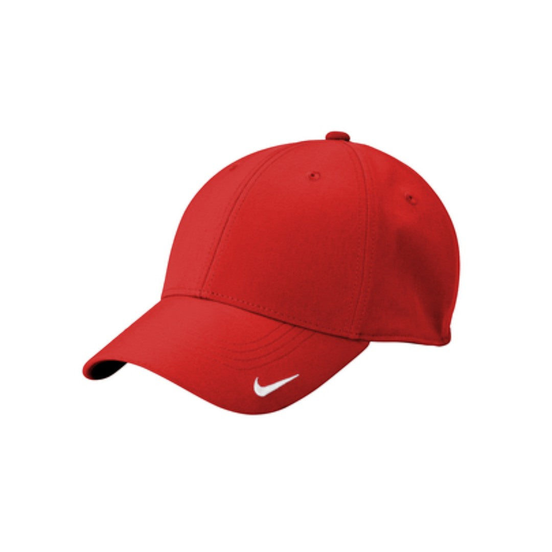 BirdieBox Nike Dri-FIT Legacy Cap in red, made of 90/10 polyester/spandex with a white embroidered Swoosh logo.