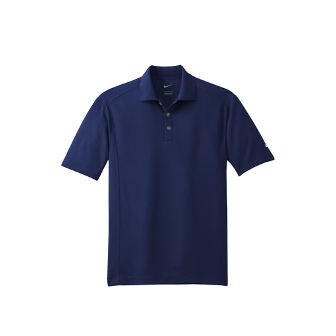 BirdieBox Nike Dri-FIT navy blue polyester short-sleeve polo shirt with three-button placket and embroidered Swoosh logo.