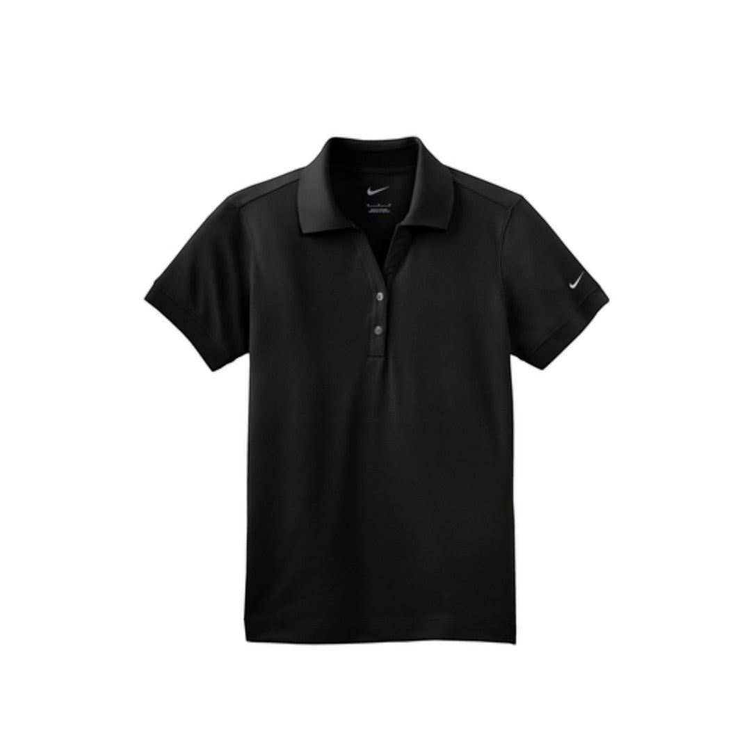 BirdieBox Nike Women's black Dri-FIT polyester polo shirt with short sleeves, flat knit collar, two-button placket, and embroidered Swoosh logo.