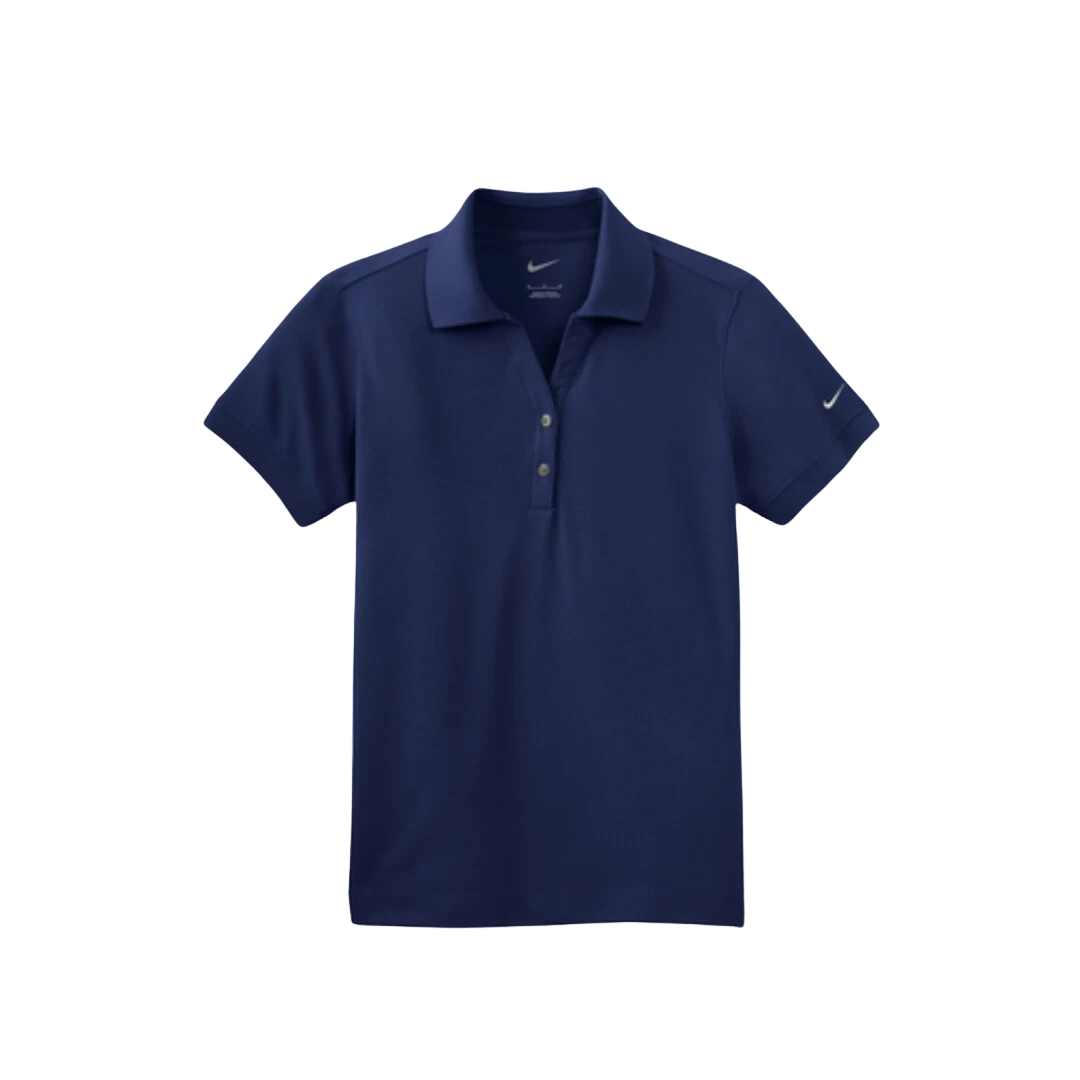BirdieBox Nike Women's navy blue Dri-FIT polyester polo shirt with a two-button placket and embroidered Swoosh logo.
