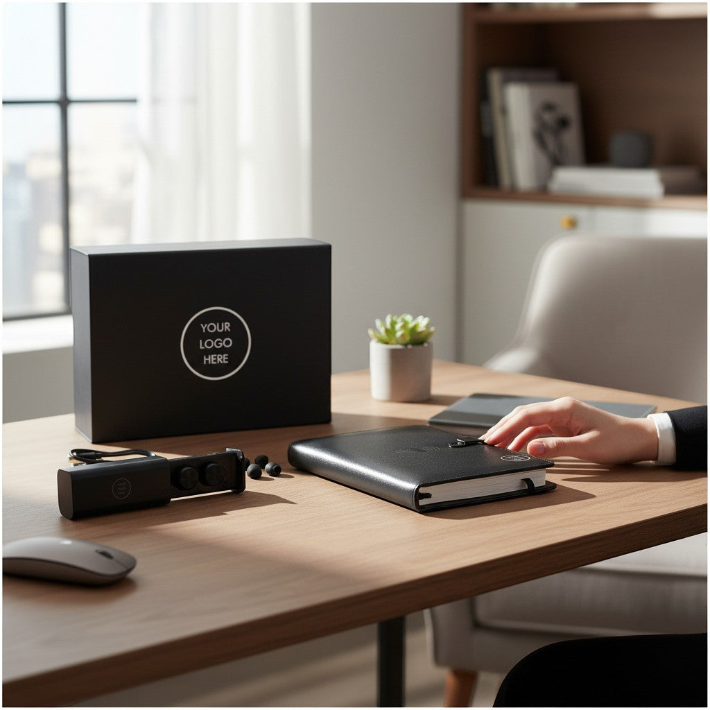 BirdieBox Office Necessities Gift Set: black journal with powerbank, wireless earbuds, and mouse on a wooden desk.