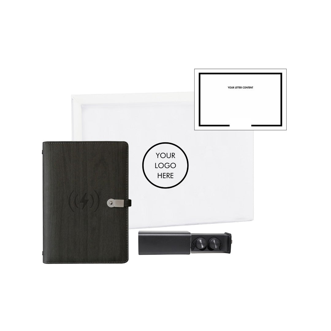 BirdieBox Office Necessities Gift Set includes a dark wood grain journal with wireless charging, black earbuds, and a white gift box.