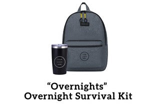 BirdieBox Overnight Survival Kit featuring a grey textured backpack and a black insulated tumbler with custom logo space.