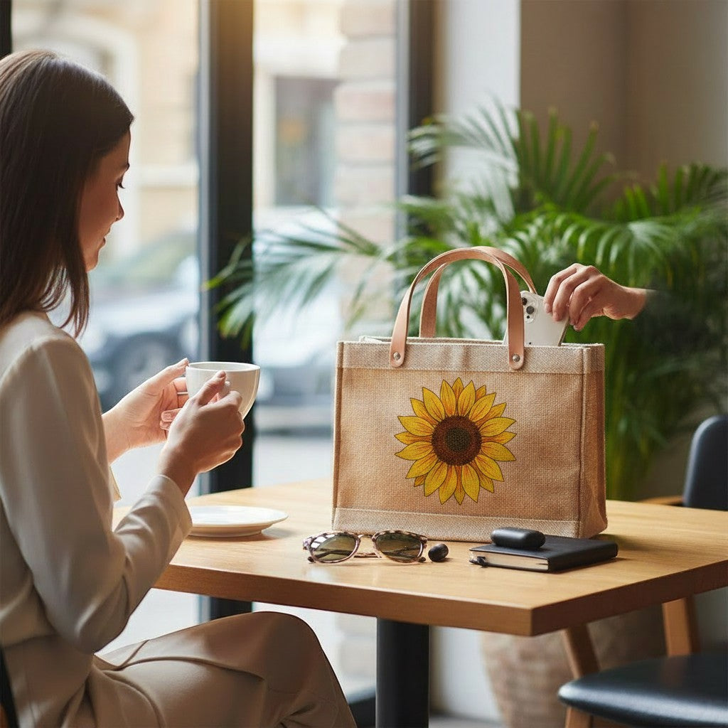 BirdieBox personalized natural jute tote bag with faux leather handles and custom text. A woman sits at a table with a coffee cup.