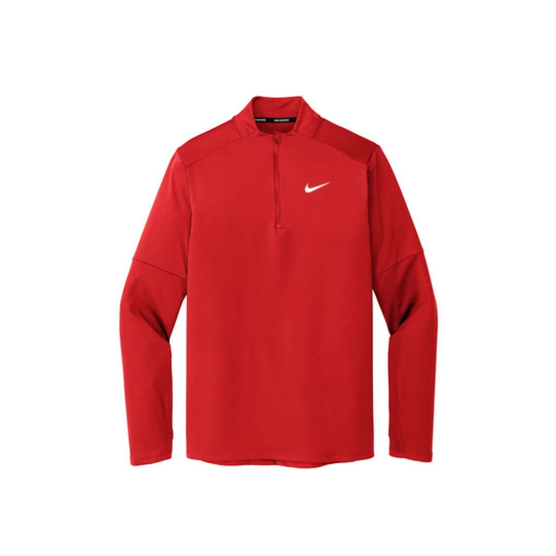 BirdieBox Nike Dri-FIT Element 1/2-Zip Pullover in red, made from polyester/spandex jersey with thumbholes and a contrast Swoosh logo.