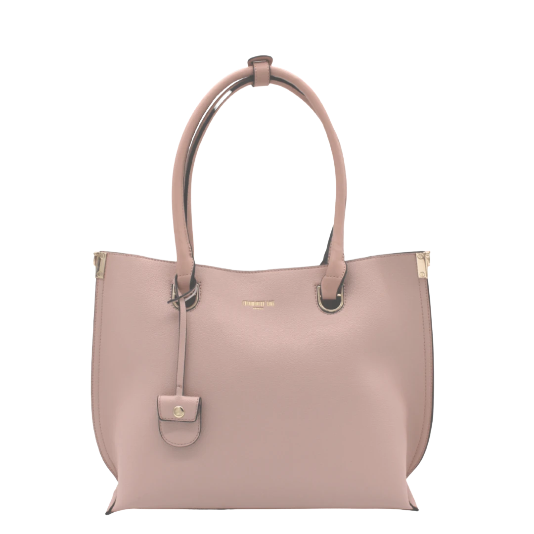BirdieBox Charlotte Lou Regent Tote in dusty rose pebbled leather with top handles and a detachable strap. Includes a matching leather pouch.