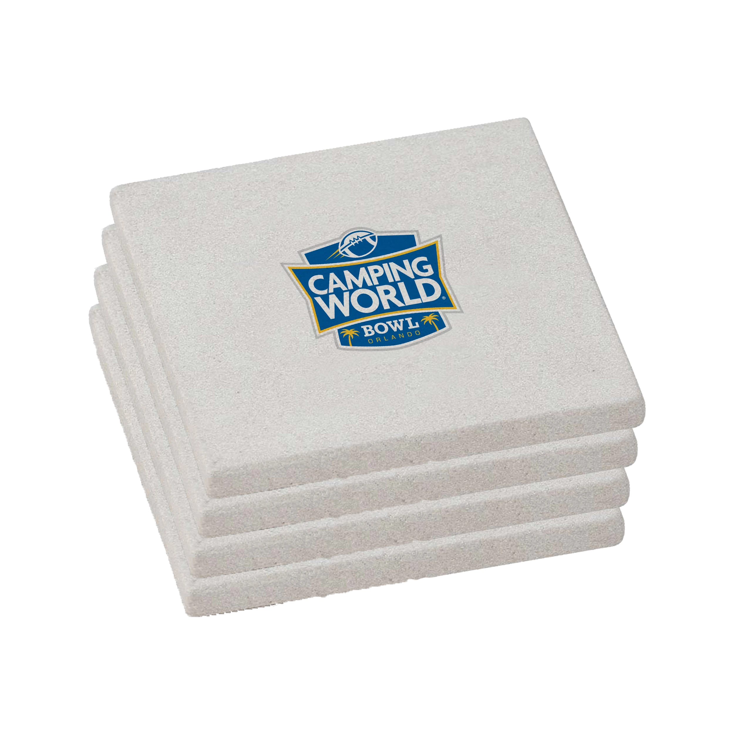 BirdieBox set of 4 natural sandstone coasters with cork backing, featuring the Camping World Bowl Orlando logo.