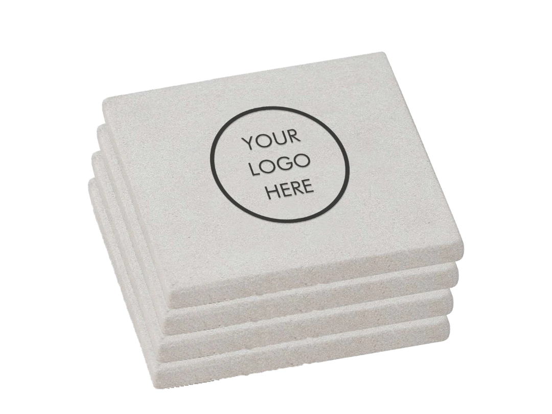 BirdieBox Old Tymes set of 4 light natural sandstone coasters with cork backing and customizable logo area.