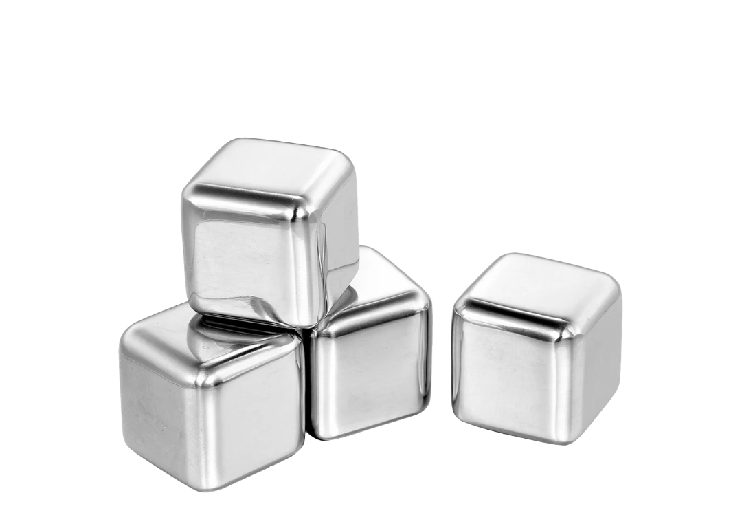 BirdieBox Old Tymes 4-piece stainless steel reusable ice cubes for chilling drinks without dilution.