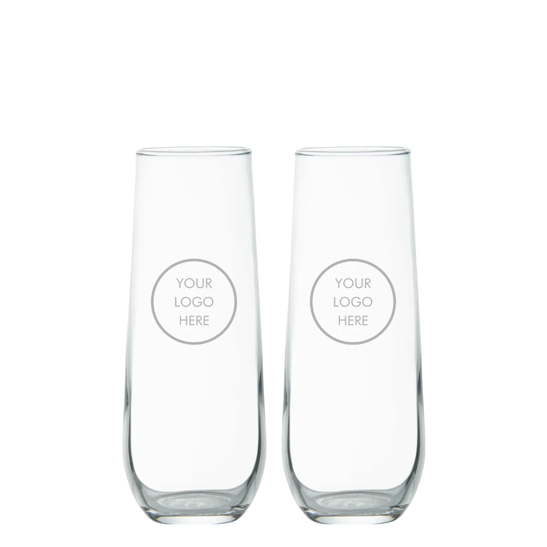 BirdieBox Old Tymes clear glass stemless champagne flutes with customizable logo area, set of 2.