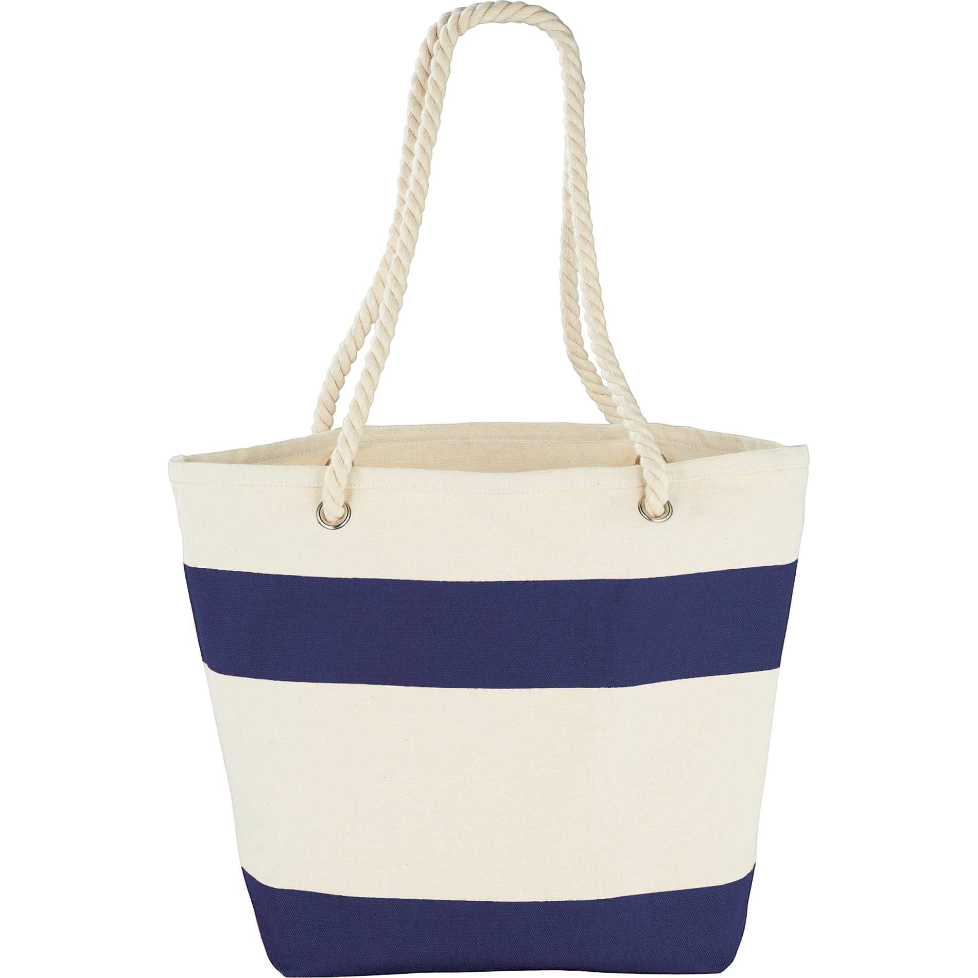 BirdieBox navy and cream striped canvas tote bag with rope handles. Durable and spacious for everyday use.