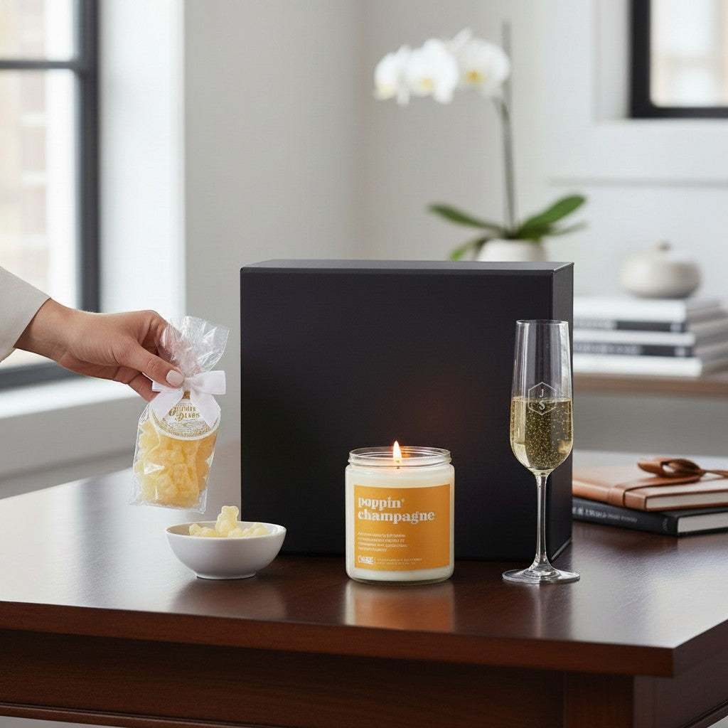 BirdieBox Toast to You Gift Set featuring a stemless champagne flute, champagne-scented candle, prosecco gummy bears, and a personalized letter in a black gift box.