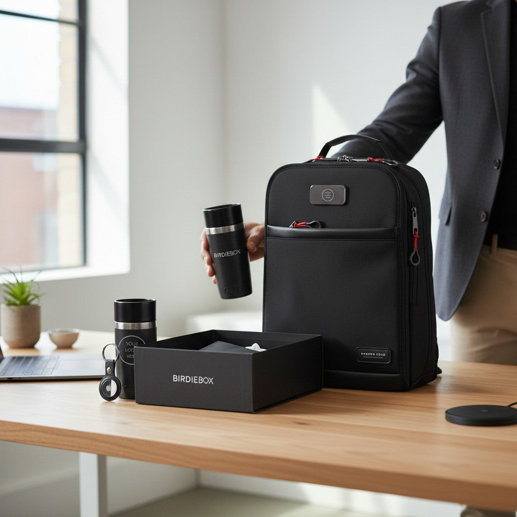 BirdieBox Track & Travel Bundle: black backpack, travel mug, and tracking tag with red accents.