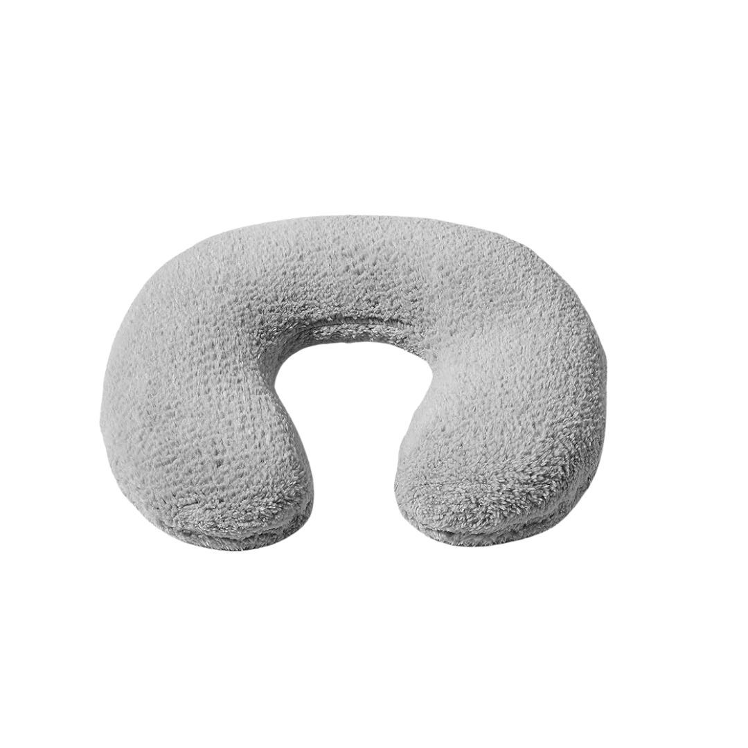 BirdieBox grey plush weighted neck pillow with clay bead inner for heat or cooling, removable shell.