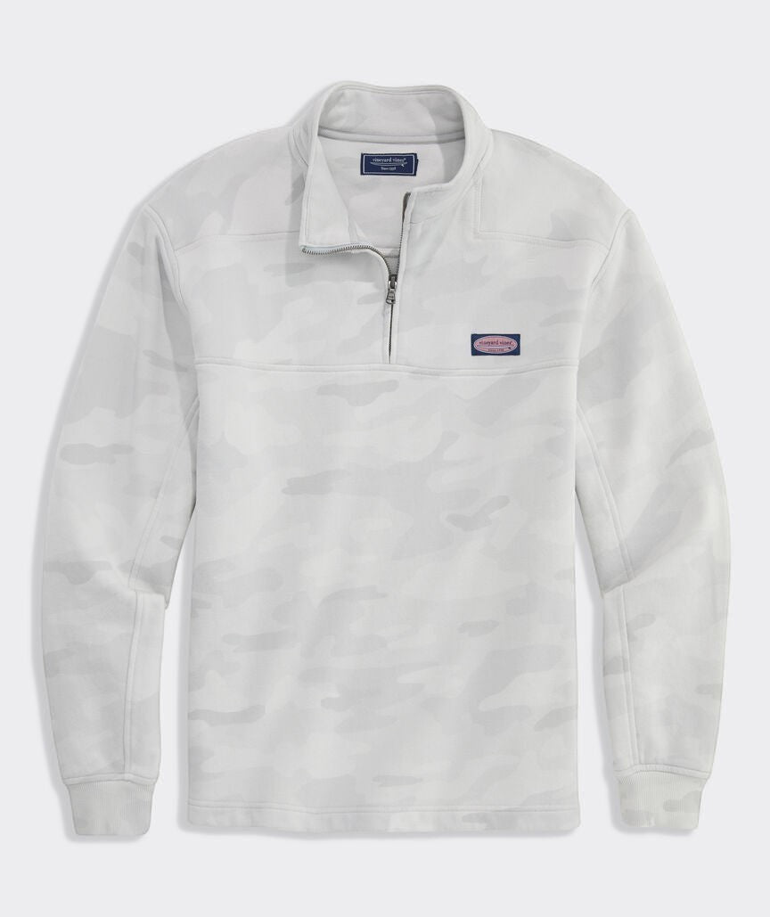 BirdieBox Men's white camouflage 100% cotton terry quarter-zip pullover shirt with zigzag stitching and salt-washed zipper.