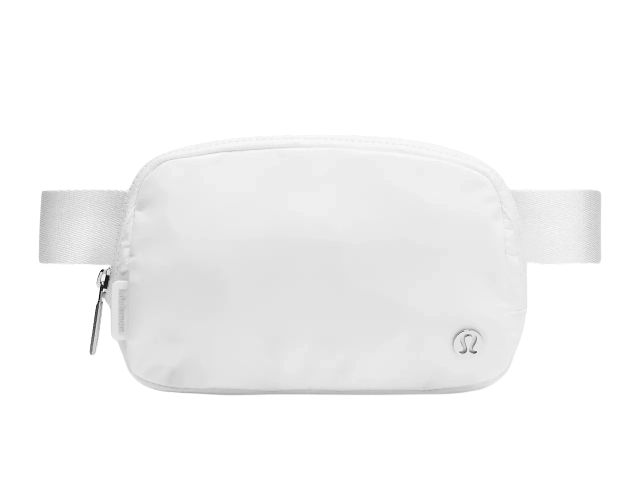 BirdieBox white nylon Lululemon Everywhere Belt Bag with adjustable strap and silver logo detail.