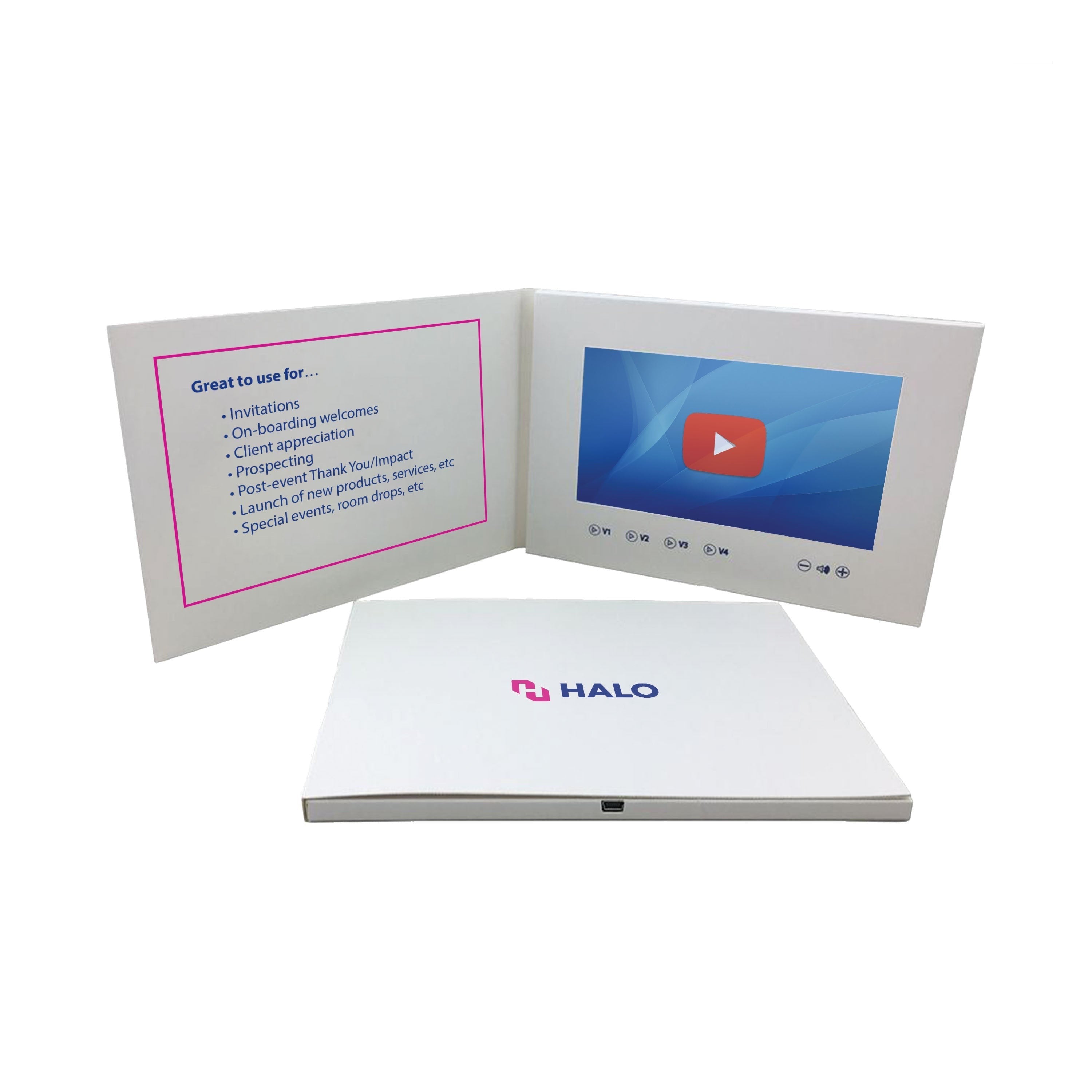 BirdieBox white video booklet with custom video message capability, screen displays YouTube logo.
