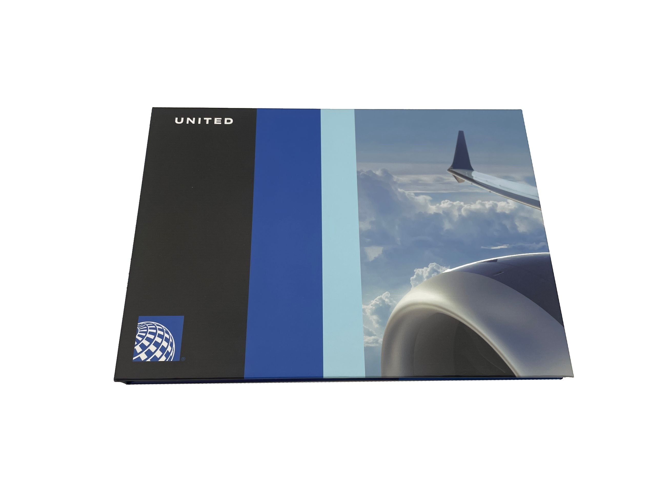 BirdieBox white video booklet with custom video message capability, featuring United Airlines branding and aviation imagery.