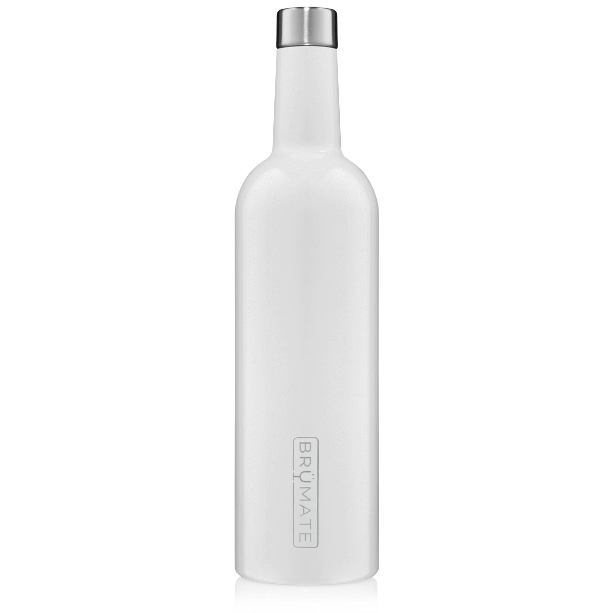 BirdieBox Brumate Winesulator 25oz white insulated stainless steel wine bottle with silver lid and non-slip base.