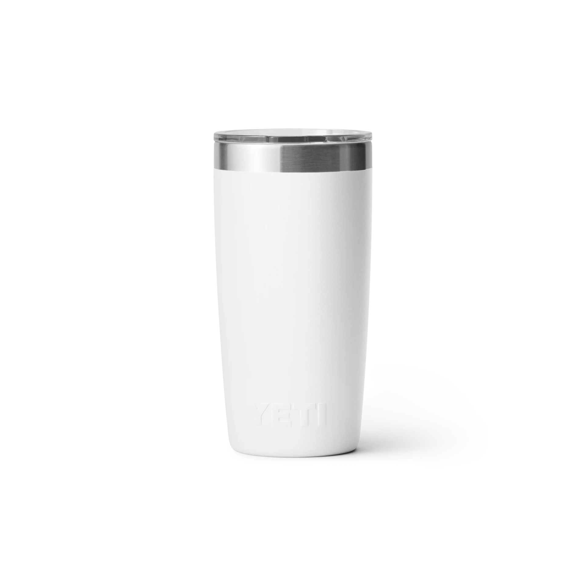 BirdieBox YETI Rambler 10 oz white stainless steel tumbler with silver rim, ideal for hot or cold beverages.
