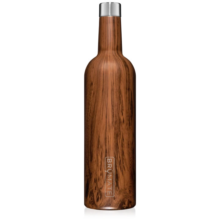 BirdieBox Brumate Winesulator 25oz insulated stainless steel wine bottle with wood grain finish and silver cap.