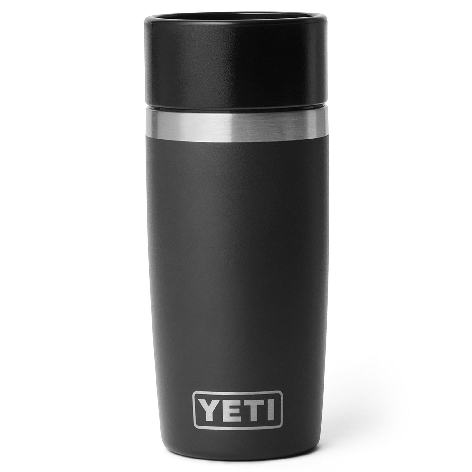 BirdieBox YETI Rambler 12 oz black stainless steel travel bottle with silver accent band and black lid.