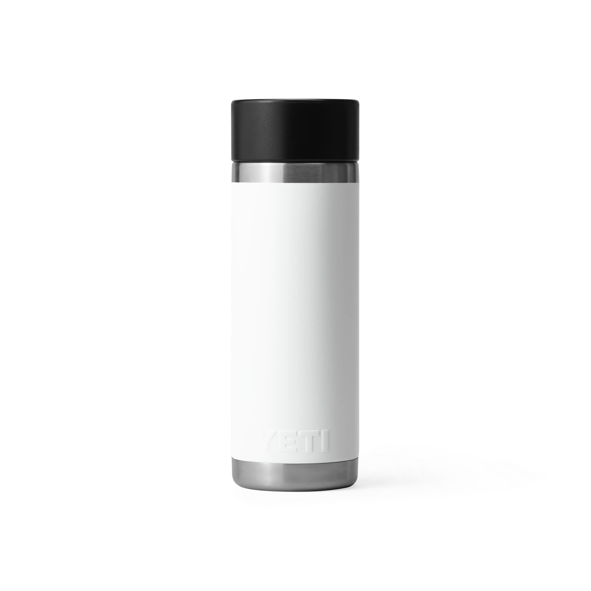 BirdieBox YETI Rambler 18 oz white stainless steel bottle with black lid, 100% leakproof and cup holder compatible.
