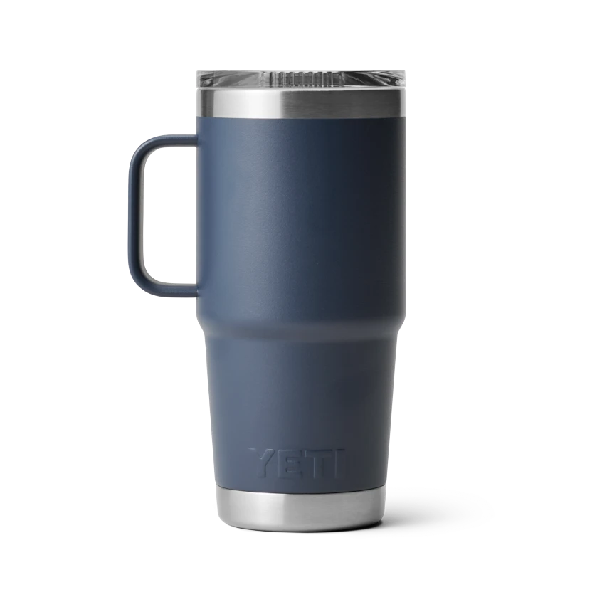 BirdieBox YETI Rambler 20 oz navy blue travel mug with handle and silver lid, cup holder compatible.