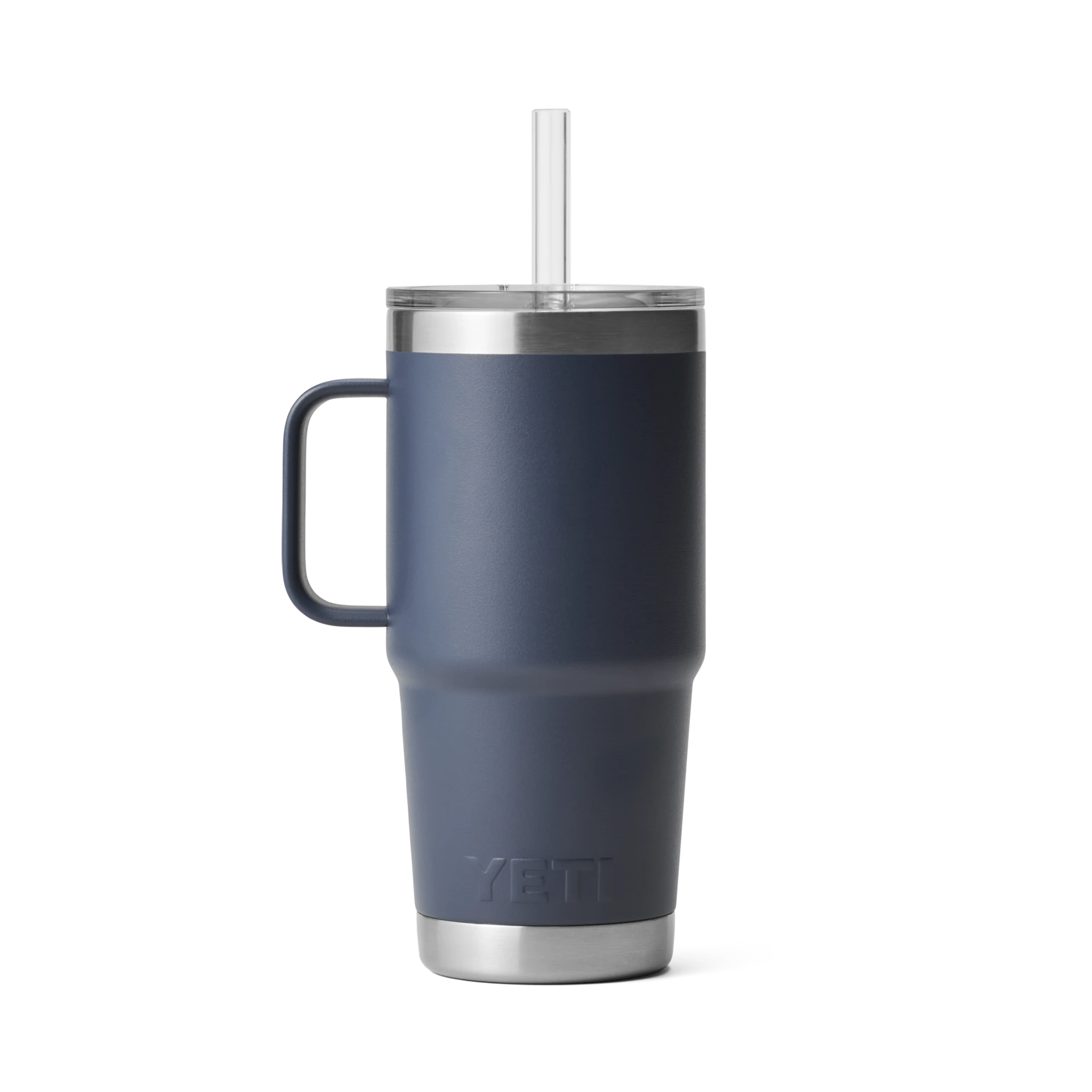 BirdieBox YETI Rambler 25 oz navy blue stainless steel mug with straw lid and handle, cup holder compatible.