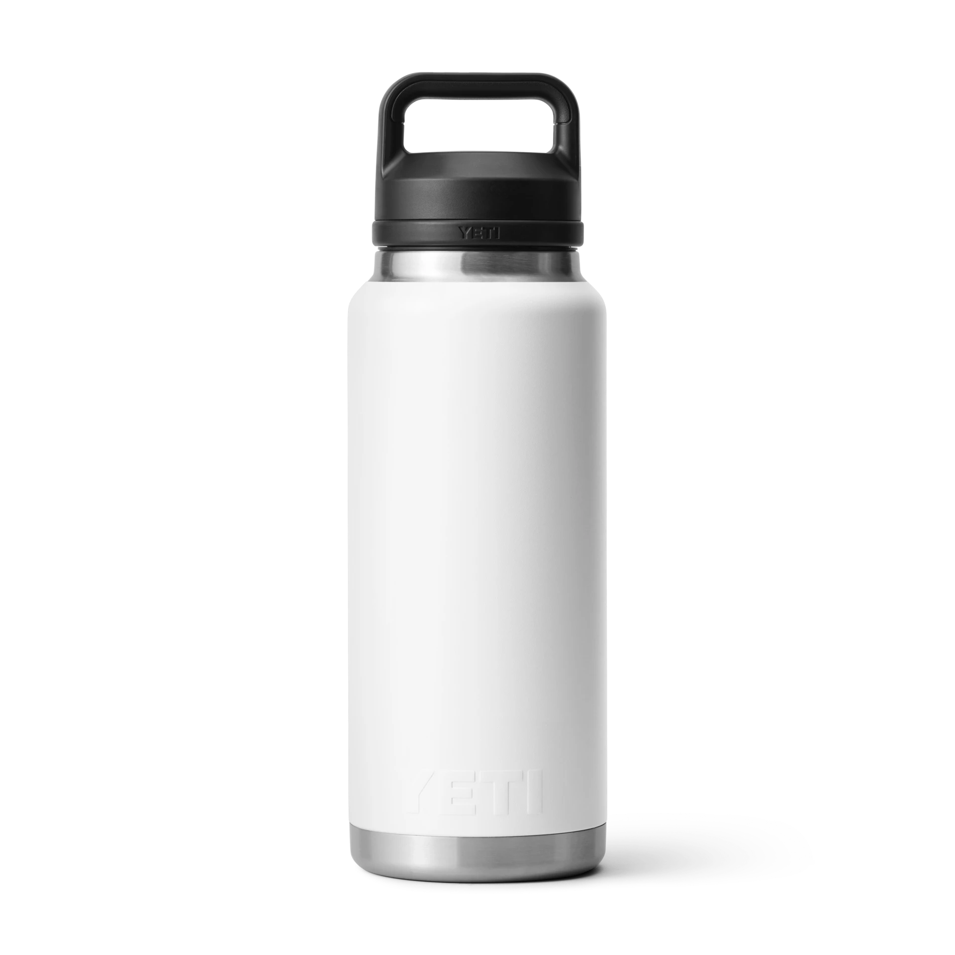 BirdieBox YETI Rambler 36 oz white stainless steel water bottle with black chug cap and handle. Double-wall vacuum insulated.