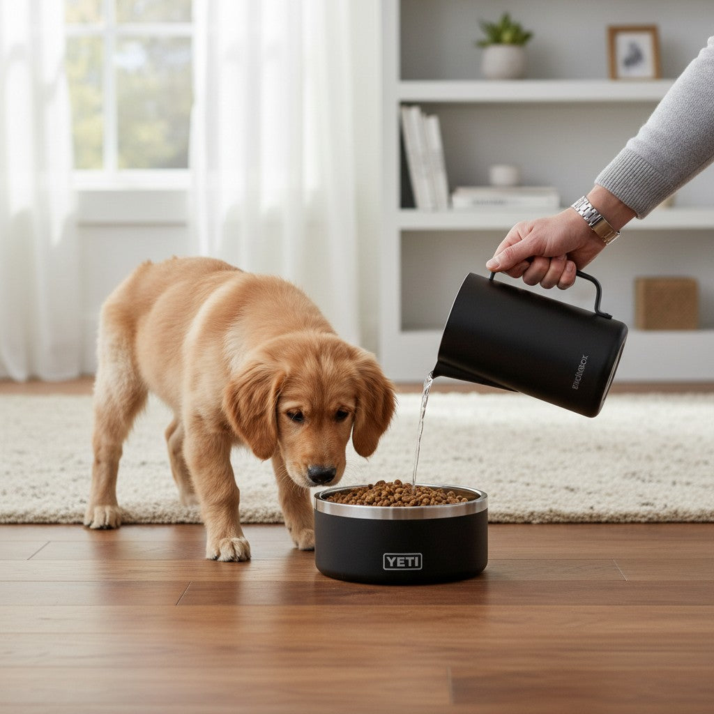BirdieBox Yeti Boomer 4 dog bowl in black stainless steel with a non-slip ring.
