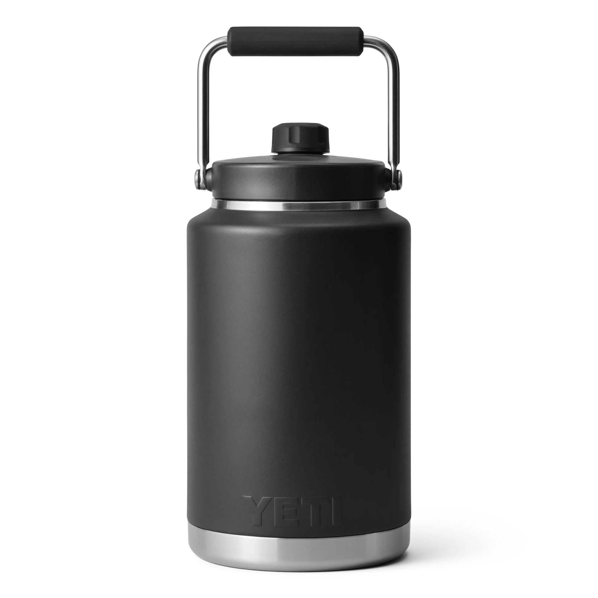 BirdieBox YETI Rambler One Gallon Jug in matte black with stainless steel base and silver handle. Features a leakproof cap and MagCap.