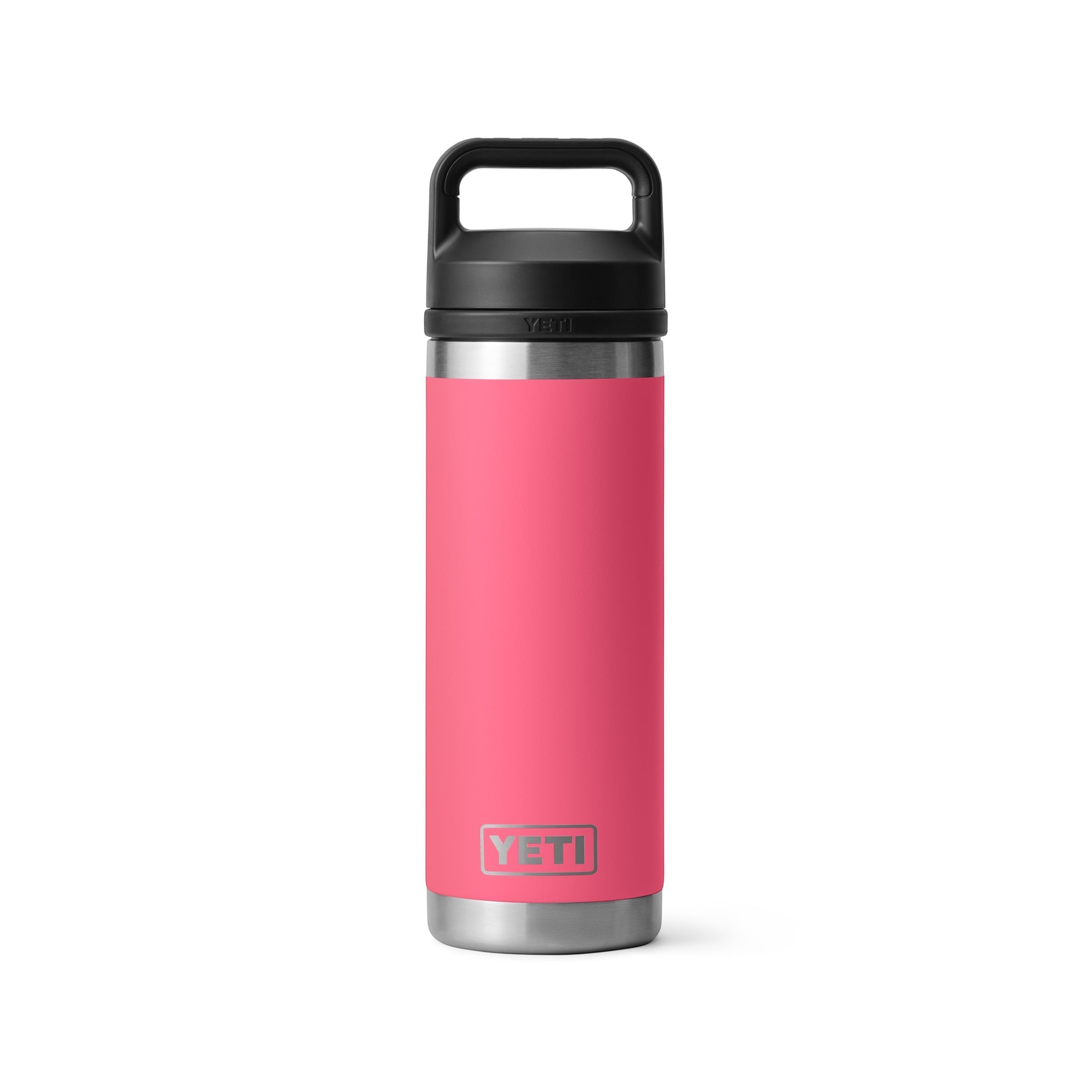 BirdieBox YETI Rambler 18 oz Hotshot Bottle in bright pink, stainless steel, with black lid and handle.