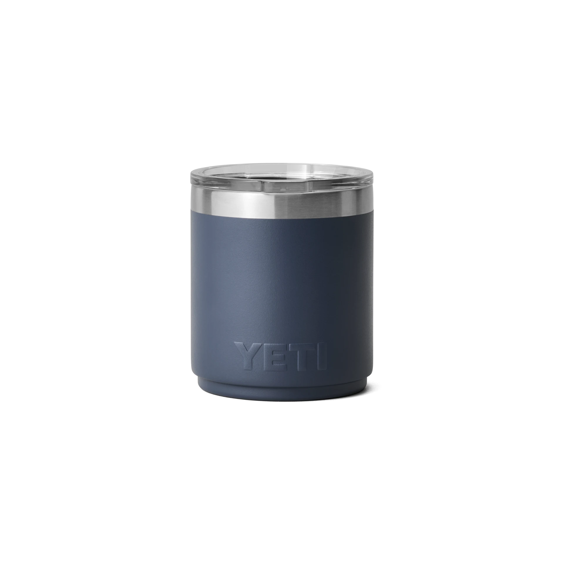BirdieBox YETI Rambler 10 oz navy blue stackable lowball tumbler with silver rim and clear lid.